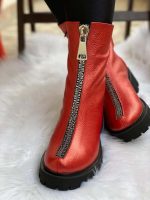 Ghete dama Red Zipper din piele naturala