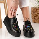 Pantofi Happy Dots cu talpa groasa si siret din piele naturala - imagine 3
