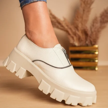Pantofi casual piele naturală Beige Zipper