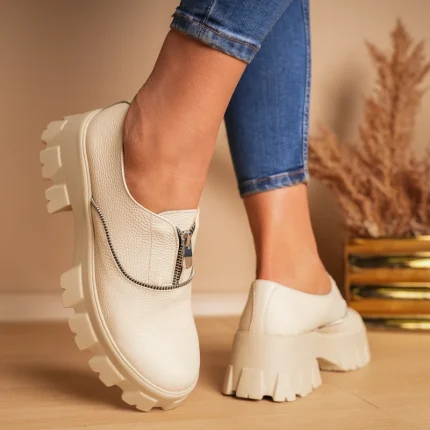 Pantofi casual piele naturală Beige Zipper 1